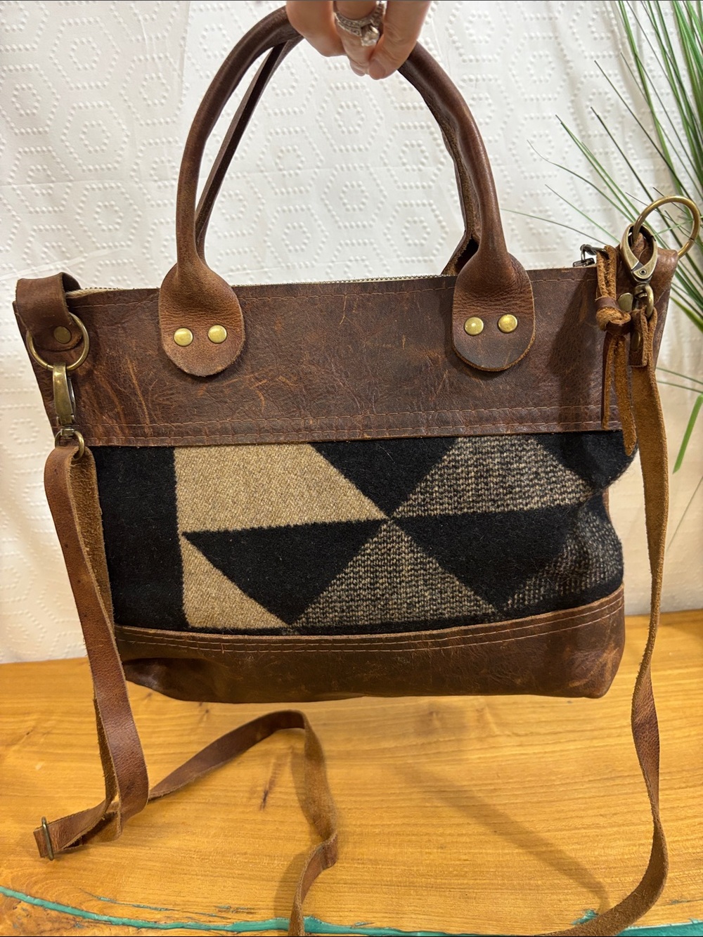Hawks and Doves Leather and Pendleton wool Bag